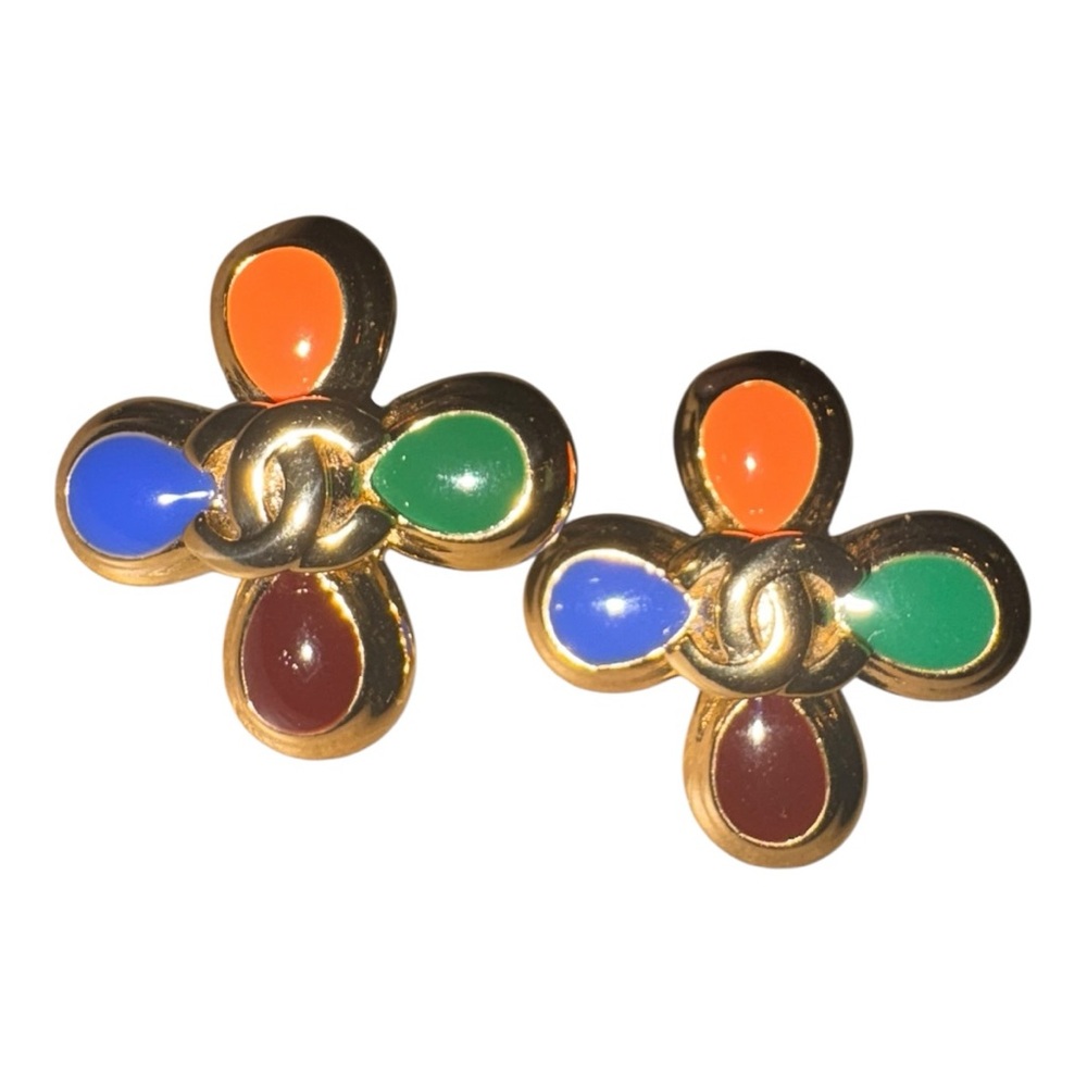 Chanel Vintage CC Clover Earrings Multicolor Cabochon Gold France J42 - Picture 2 of 6